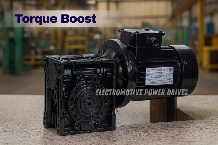 Black geared motor and gearbox showcasing torque boost solutions by Electromotive Power Drives in Coimbatore