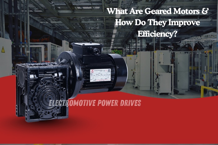 Black geared motor displayed in an industrial manufacturing plant, showcasing efficiency solutions by Electromotive Power Drives in Coimbatore