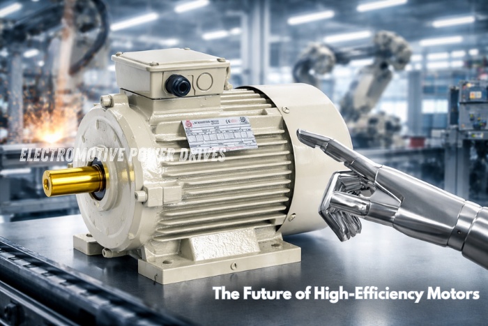 High-efficiency electric motor by EMP Drive, Coimbatore, showcased in an advanced industrial setting, highlighting smart technology and energy-saving