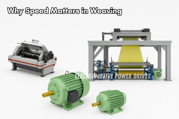 High-performance power loom motors used in weaving machines to improve production speed, showcased by Electromotive Power Drives
