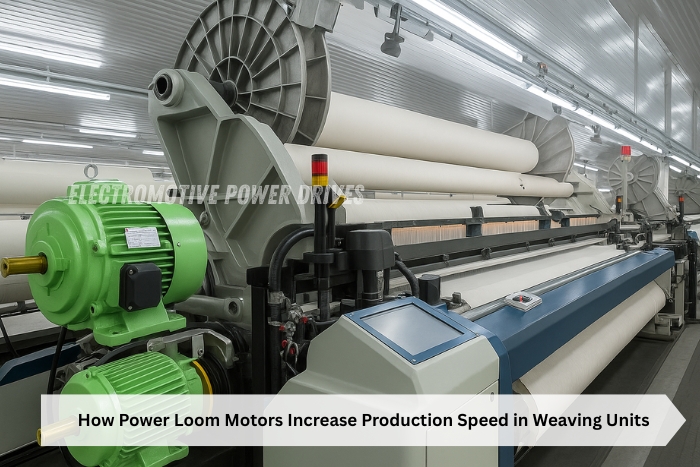 High-performance power loom motors used in weaving units to increase production speed,by Electromotive Power Drives in Coimbatore