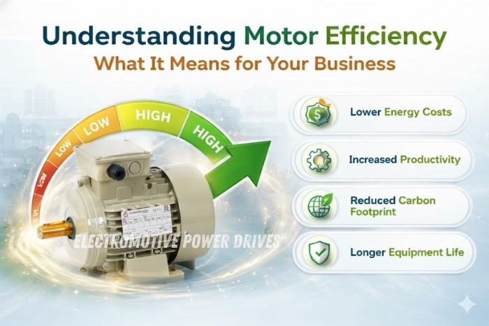 High-efficiency electric motor by EMP Drive in Coimbatore, illustrated with motor efficiency scale showing lower energy costs