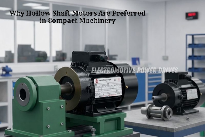 Hollow shaft motor mounted on compact machinery for space-saving and direct drive applications in industrial setups