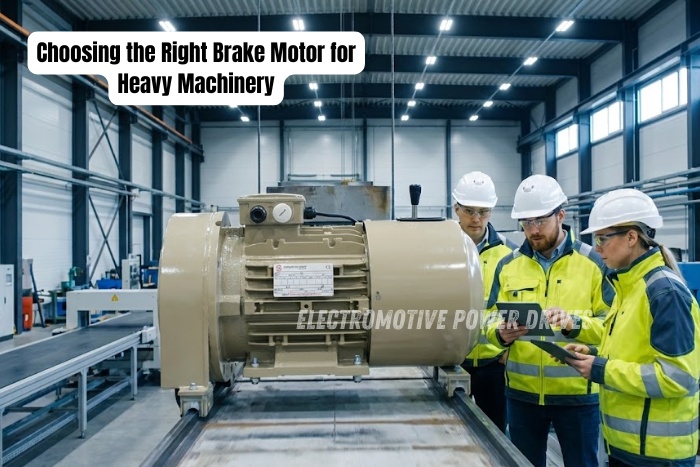 Industrial experts inspecting a heavy-duty brake motor at Electromotive Power Drives manufacturing facility in Coimbatore