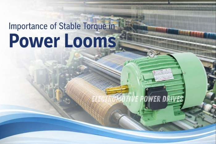 Industrial power loom machine with a green electric motor by Electromotive Power Drives, Coimbatore, showcasing stable torque performance for textile